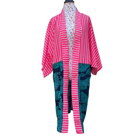 Studio 189 x Okay Africa Pink Blue Green Kimono Open Cardigan Silk Cotton Medium - Picture 3 of 8